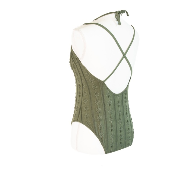 Aerie Deep Green Embroidered Floral Cheeky One Piece Swimsuit, Size Medium - Picture 3 of 12